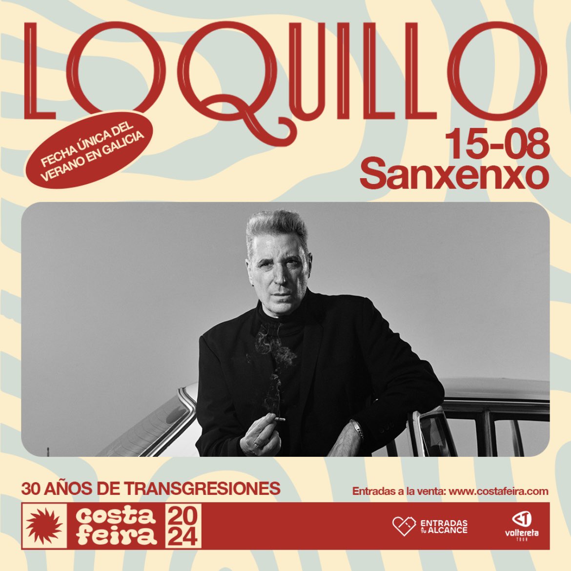 La gira ‘30 años de Transgresiones’, con la poesía de como leit motiv, continúa en agosto. El próximo 15/8 @loquillo estará en @costa_feira24 Todavia puedes puedes conseguir tu entrada en loquillo.com/gira y disfrutar de un show tan genuino como elegante y sorprendente