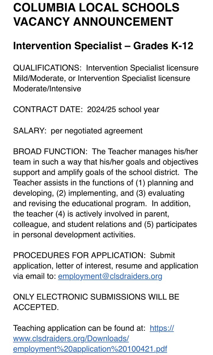Columbia Local Schools is looking for an Intervention Specialist!!