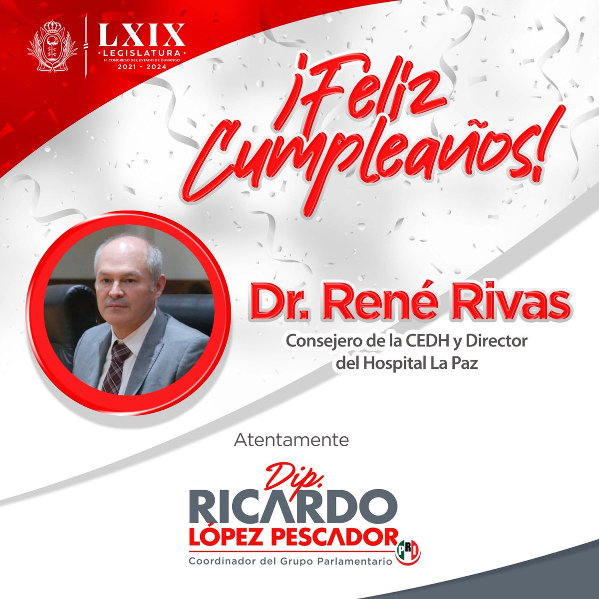 Estimado <a href="/drrenerivas/">René Rivas Pizarro</a> te mando un fuerte abrazo por motivo de tu cumpleaños. 🎂 

¡Qué pases un excelente día, en compañía de tus familiares y seres queridos! 🎉