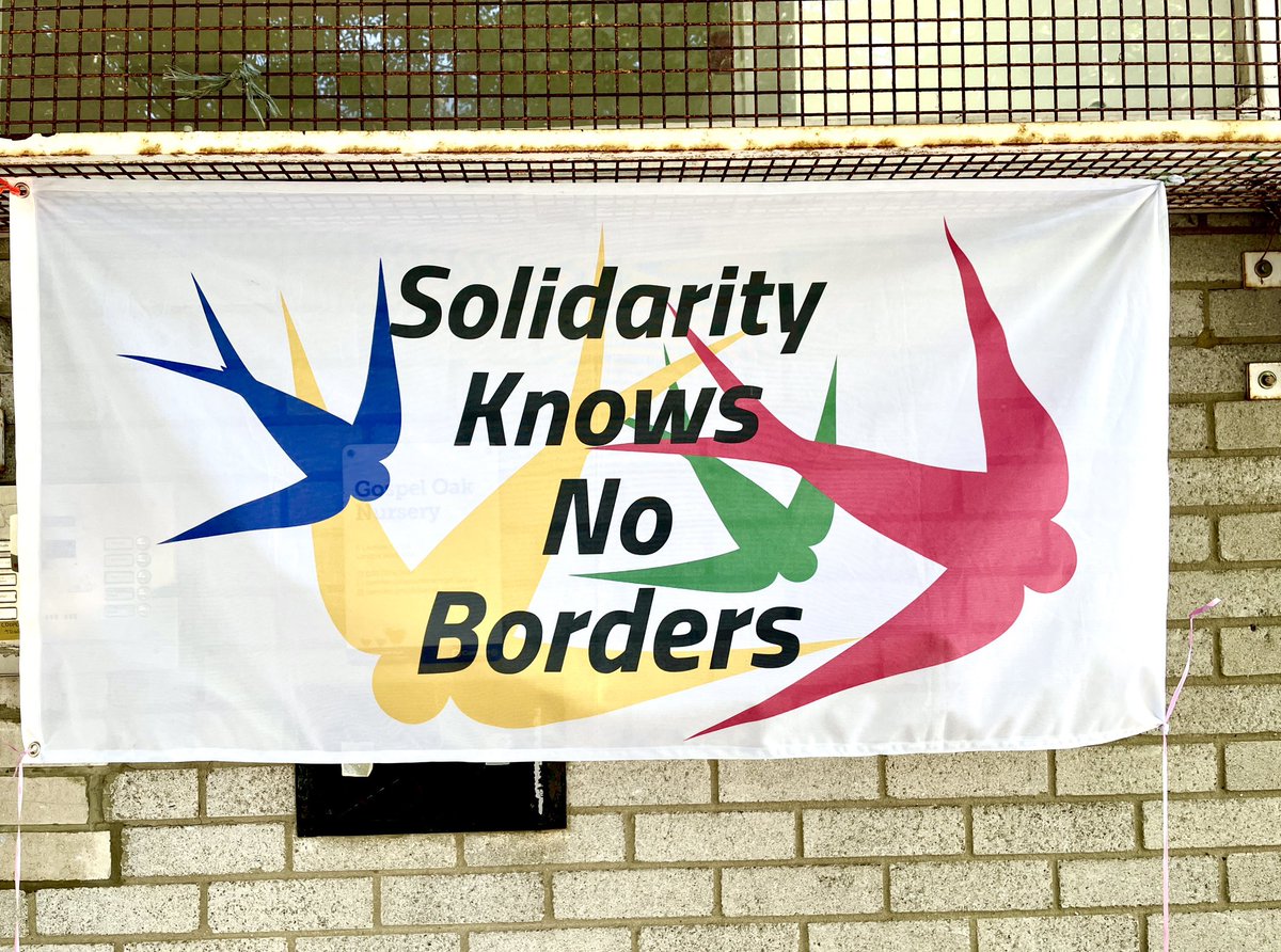 CooperationTown's tweet photo. The party at @CooperationTown Hub is in full swing. A brilliant example of working class solidarity - despite &amp; against all those who try to divide us! 
If you are heading over to Gospel Oak, look up for this banner (by our friends @migrantsorg ). We’re inside the yellow doors! https://t.co/sejOD0DFAG