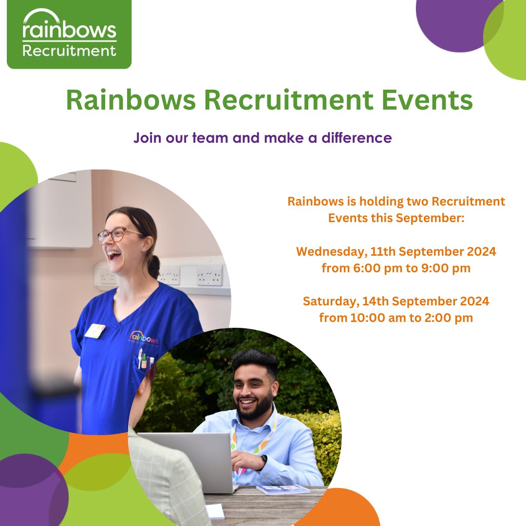 At these events, you'll have the chance to meet our Hiring Managers, learn what it's like to work at Rainbows, and engage in a  a 'Pre-Interview Chat’. A tour of the Hospice will be available on the Saturday only.

Book your spot: brnw.ch/21wLLvj