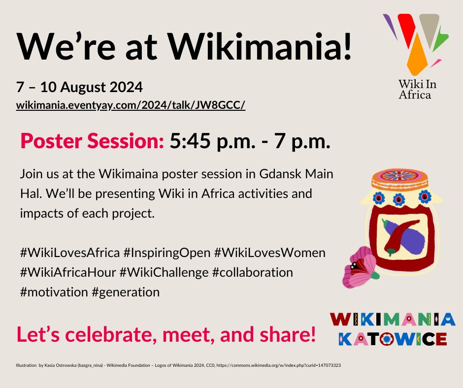wikiafrica's tweet photo. We're presenting our projects/impacts at the @Wikimaina poster session, Gdansk Hall today. You can also see our posters on @WikiCommons
https://t.co/tOmmmpa9VX
#WikiLovesAfrica #InspiringOpen #WikiLovesWomen #WikiAfricaHour #WikiChallenge #collaboration #motivation #generation https://t.co/pkpUTf2VRb