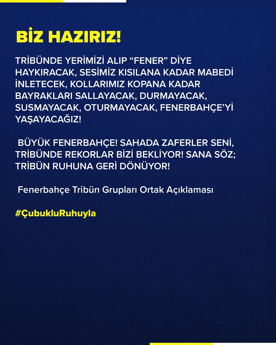 HEP BİRLİKTE, OMUZ OMUZA FENERBAHÇE İÇİN KOL KOLA ZAFERLERİN ENGELİ DEĞİL; ŞAMPİYONLUK YOLUNUN MİMARI OLACAĞIZ!  

#ÇubukluRuhuyla