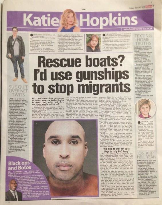 This 2015 column in The S*n, UK’s biggest selling paper, is about dead migrants.

“Show me bodies floating in water, play violins, I don’t care,” she writes. “These migrants are like cockroaches.”

Billionaire-owned Sun, Mail, Express have spent decades building UK far-right.