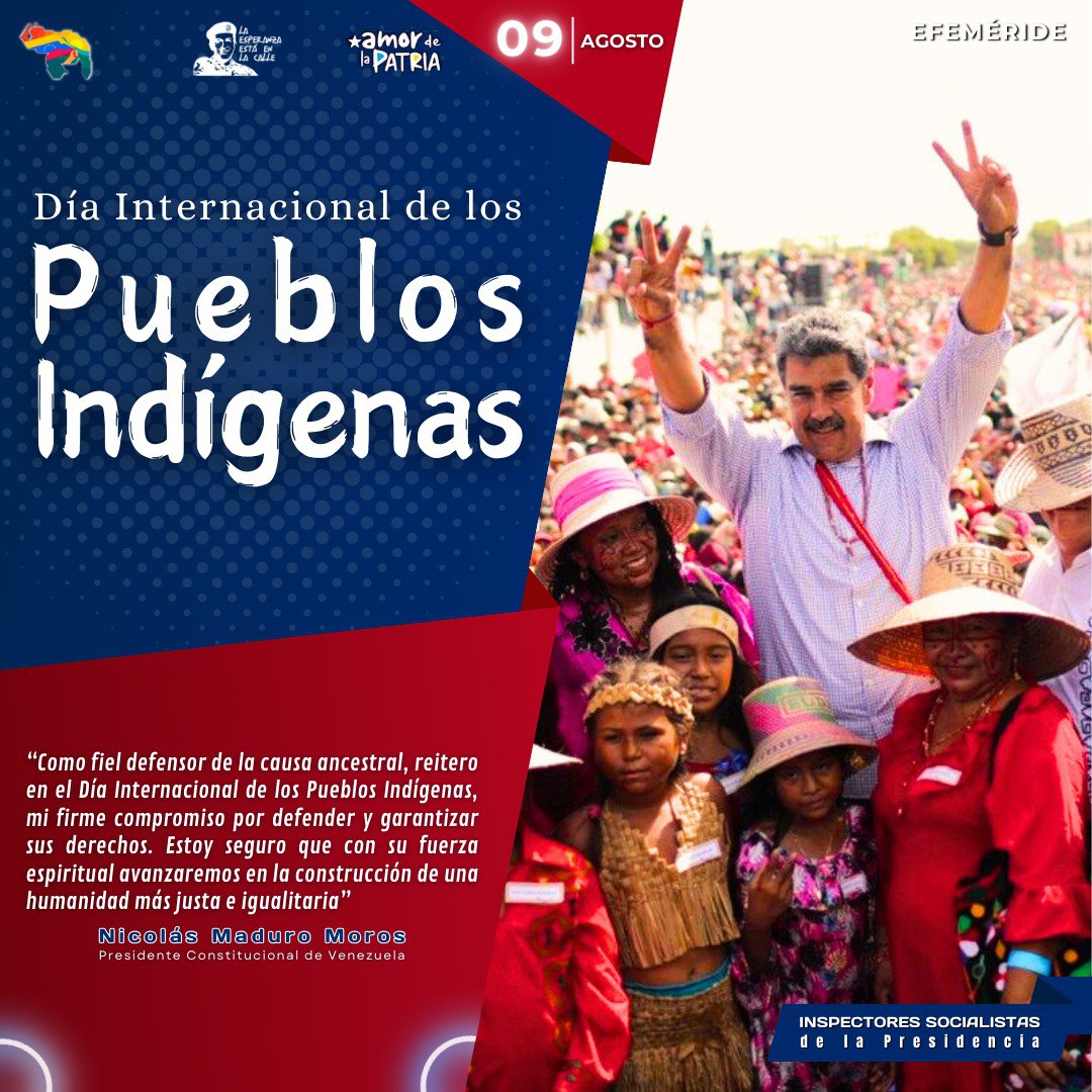 Inspectores Socialistas Zulia (@cispzulia) on Twitter photo CISPAldia Hoy #9Agos celebramos el Día internacional de los Pueblos Indígenas, siendo solo en Revolución y al Cmdte Hugo Chávez, cuando fueron reconocidos en la CRBV en 1999, los derechos de los más de 40 grupos indígenas que hacen vida en el país
<a href="/NicolasMaduro/">Nicolás Maduro</a>
<a href="/ACoronadoVzla/">Anibal Eduardo Coronado Millán</a> CISPAldia Hoy #9Agos celebramos el Día internacional de los Pueblos Indígenas, siendo solo en Revolución y al Cmdte Hugo Chávez, cuando fueron reconocidos en la CRBV en 1999, los derechos de los más de 40 grupos indígenas que hacen vida en el país
<a href="/NicolasMaduro/">Nicolás Maduro</a>
<a href="/ACoronadoVzla/">Anibal Eduardo Coronado Millán</a>