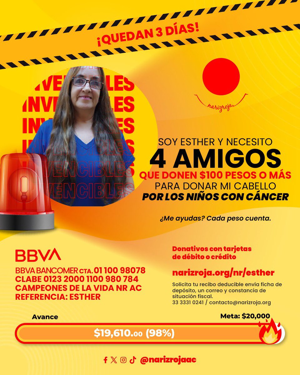 💪 ¡Nuestras invencibles Angie y Esther necesitan tu ayuda! 💪

Ambas han estado compartiendo y recaudando fondos para niños con cáncer con sus retos de donación de cabello y ahora necesitan amigos de $100 pesos (o más) para finalizar sus campañas y seguir adelante. Tu donación