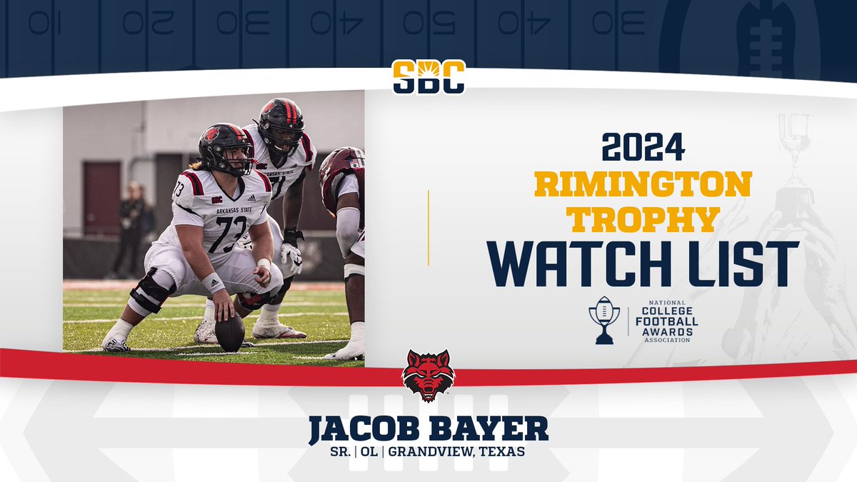 Sun Belt (@sunbelt) on Twitter photo 𝗕𝗔𝗬𝗘𝗥: 𝗧𝗛𝗘 𝗪𝗢𝗡𝗗𝗘𝗥 𝗗𝗥𝗨𝗚.
<a href="/AStateFB/">Arkansas State Football</a> senior offensive lineman <a href="/iibayer/">Jacob Bayer II</a>—a 2024 Preseason All-<a href="/SunBeltFB/">Sun Belt Football</a> First Team pick—named to the <a href="/rimingtontrophy/">Rimington Trophy</a> Preseason Watch List. ☀️🏈
📰 » sunbelt.me/3SopsjW 𝗕𝗔𝗬𝗘𝗥: 𝗧𝗛𝗘 𝗪𝗢𝗡𝗗𝗘𝗥 𝗗𝗥𝗨𝗚.
<a href="/AStateFB/">Arkansas State Football</a> senior offensive lineman <a href="/iibayer/">Jacob Bayer II</a>—a 2024 Preseason All-<a href="/SunBeltFB/">Sun Belt Football</a> First Team pick—named to the <a href="/rimingtontrophy/">Rimington Trophy</a> Preseason Watch List. ☀️🏈
📰 » sunbelt.me/3SopsjW