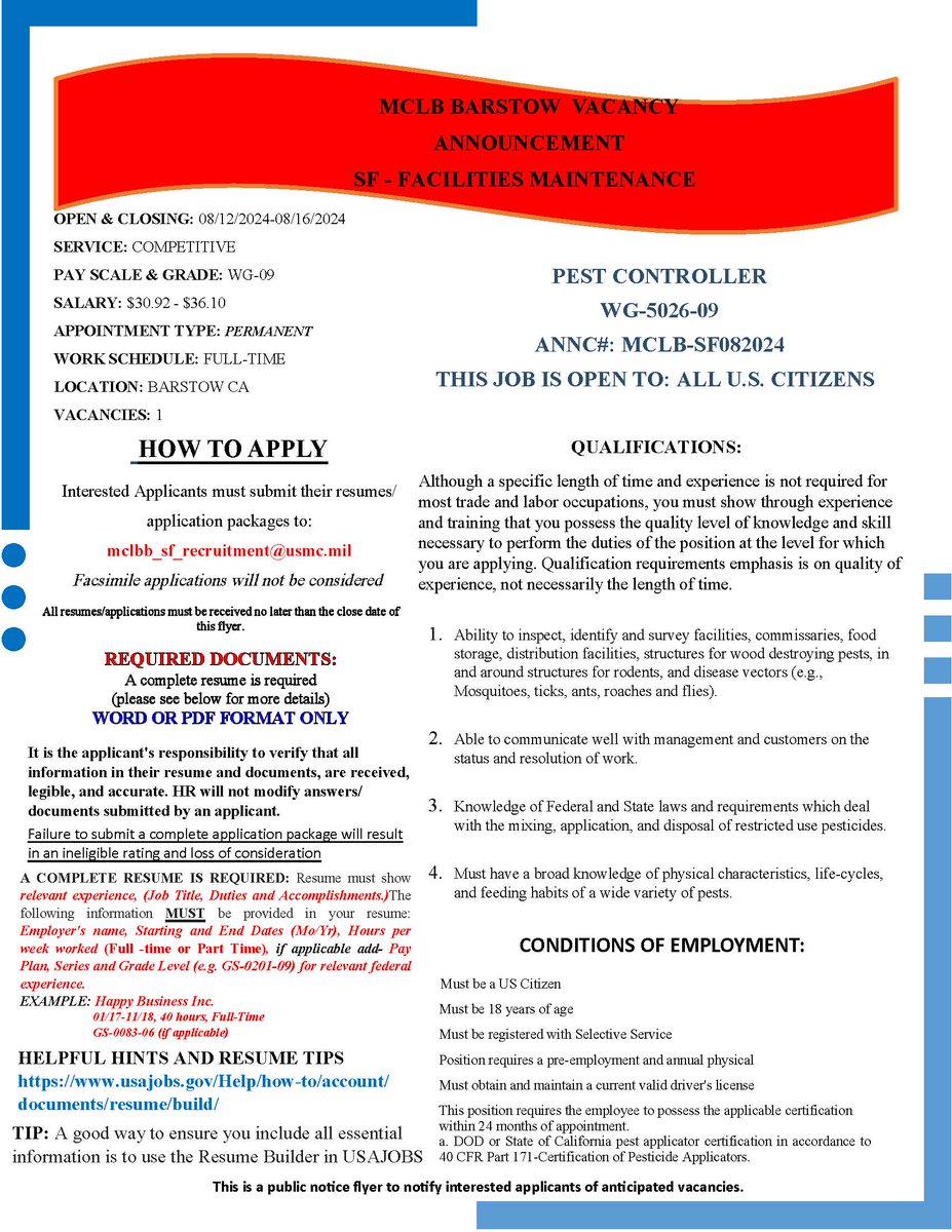 MCLB_Barstow's tweet image. We are hiring!  Come join an exceptional team at Marine Corps Logistics Base (SF – Facilities Department)
#hiring #pestcontroller #facilities #5026 #MCLBBARSTOW
linkedin.com/company/881980…