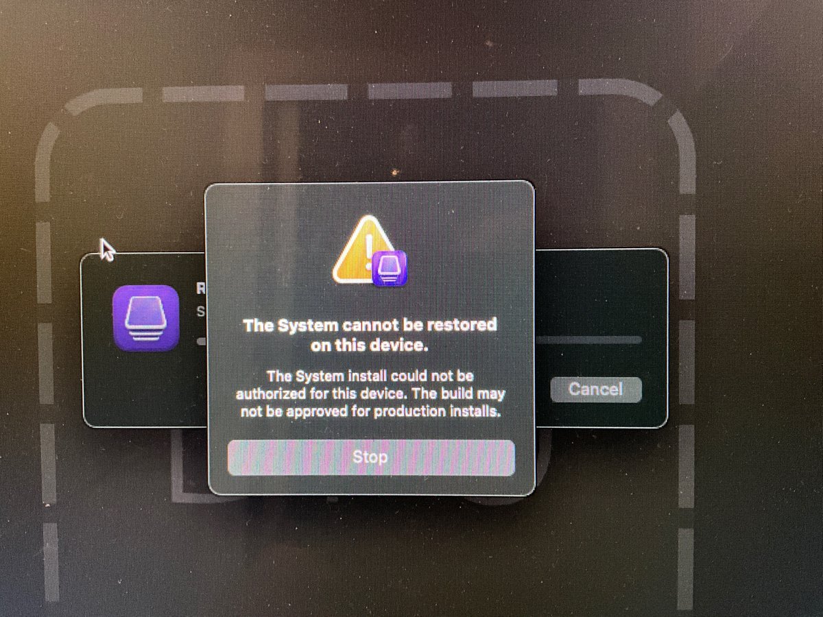 Spinboy's tweet photo. @ClassicII_MrMac   Hoping you have a solution.  Using the 15.1 IPSW from your site on M1 Mini.  Strange thing is last week it updated thru Sys Settings.  I was having issues so I wiped the machine and it reinstalled 15.0.  15.1 avail in settings but won’t install, trying this. https://t.co/N0Wy1APa1k