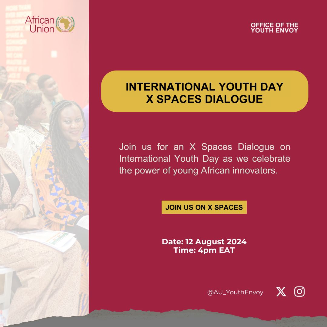 Join us for an #InternationalYouthDay X Spaces Dialogue! 🌍

📅 Monday, Aug 12
⏰ 4 PM EAT

Hear from inspiring African youth innovators on this year's International Youth Day theme "From Clicks to Progress: Youth Digital Pathways for Sustainable Development."

#AfricaYouthLed
