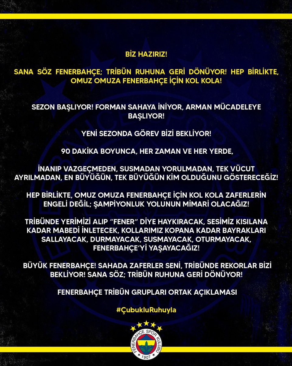 HEP BİRLİKTE, OMUZ OMUZA FENERBAHÇE İÇİN KOL KOLA ZAFERLERİN ENGELİ DEĞİL; ŞAMPİYONLUK YOLUNUN MİMARI OLACAĞIZ!  

#ÇubukluRuhuyla