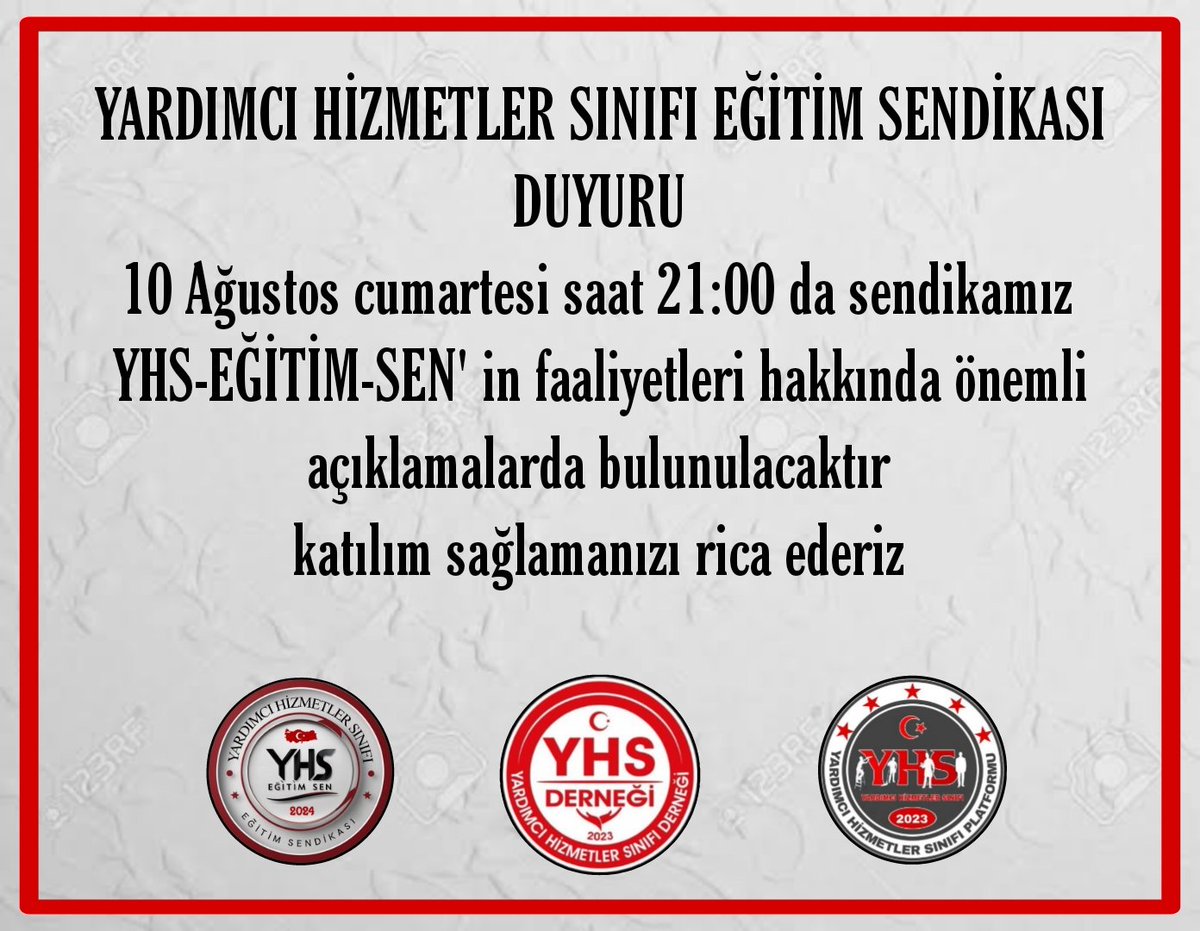 10 Ağustos 2024 cumartesi saat 21:00 da sendikamız YHS-EĞİTİM-SEN' in faaliyetleri hakkında önemli açıklamalarda bulunulacaktır katılım sağlamanızı rica ederiz
<a href="/YhsEgitimSen/">Yardımcı Hizmetler Sınıfı Eğitim Sendikası</a> <a href="/yardimcihizmet1/">Selim Toraman</a> <a href="/SelimToraman06/">Selim Toraman</a> <a href="/Olcay_Celik/">Olcay Çelik</a> @MuradSahin06 <a href="/ksinan18/">Sinan KAYA</a> @burakyhsyhs <a href="/SalihBirinci61/">Salih BİRİNCİ</a>