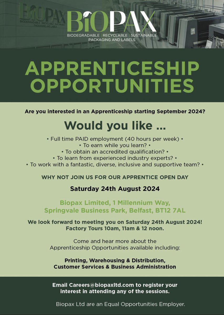 Some fantastic opportunities with the BiOPAX Ltd Apprenticeship scheme starting in September.

Please spread the word about our Apprenticeship open day - Saturday 24th August and encourage anyone you know who might be interested to get in touch with us at - careers@biopaxltd.com
