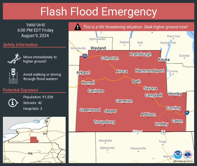 **A FLASH FLOOD EMERGENCY has been issued for Steuben County, NY. This is a life-threatening situation. Seek higher ground now if you are in Steuben County! #NYwx