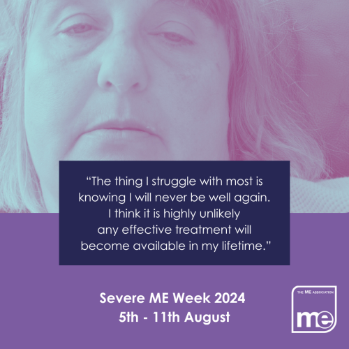 MEAssociation's tweet photo. “The thing I struggle with most is knowing I will never be well again. I think it is highly
unlikely any effective treatment will become available in my lifetime.”

#pwME #MECFS #MyalgicE #MyalgicEncephalomyelitis #SevereME #SevereMEWeek #SevereMEWeek2024 #SMEWeek2024 https://t.co/4DRI40ZTEl
