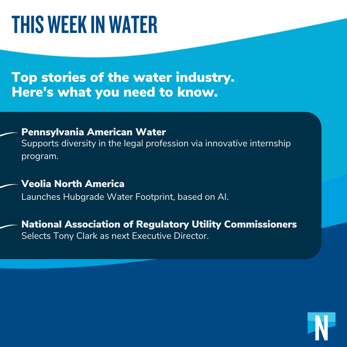 NAWCH2O's tweet photo. What happened this week in water? We’ve got you covered. To read more stories happening in the water world, click here: https://t.co/iwdTU7UPXP
- @paamwater supports diversity in the legal profession via innovative internship program.
- @Veolia_NA launches Hubgrade Water Footprint, based on AI.
- @NARUC selects Tony Clark as next Executive Director.