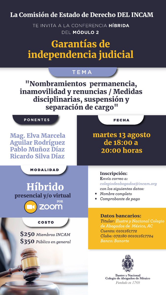 Si pasa la #ReformaJudicial, nadie podrá decir que en el <a href="/INCAM_Abogados/">Colegio de Abogados</a> no se discutió lo suficiente. 

Continuamos con el #SeminarioIndependenciaJudicial. En la Sesión del próximo martes, tendremos a la Magistrada Elva Vivar del <a href="/TFJAMexico/">Tribunal Federal de Justicia Administrativa</a>, al Sec. <a href="/pmunozd/">pablo munoz diaz</a> de la <a href="/SCJN/">Suprema Corte</a> y a mi