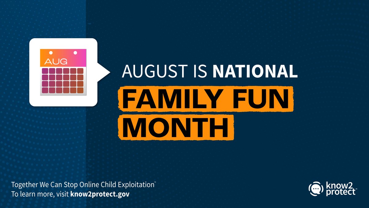 Know2Protect's tweet image. August is #FamilyFunMonth! Whether your kids are enjoying the last days of summer outside or excited to go shopping for the #SchoolYear, now is the perfect time to create lasting memories together. Check out @AmerAcadPeds for tips on how every family member can stay active.
#K2P