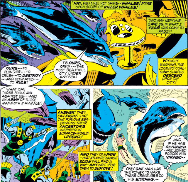 MarvelADay's tweet photo. #MarvelADay #SM66 Of course Orka &amp; She-Beast team up to take down the undersea city, and Namor suspects he knows who's behind the sudden attack of weird-looking killer whales. - crs https://t.co/7cBvHIbNy8