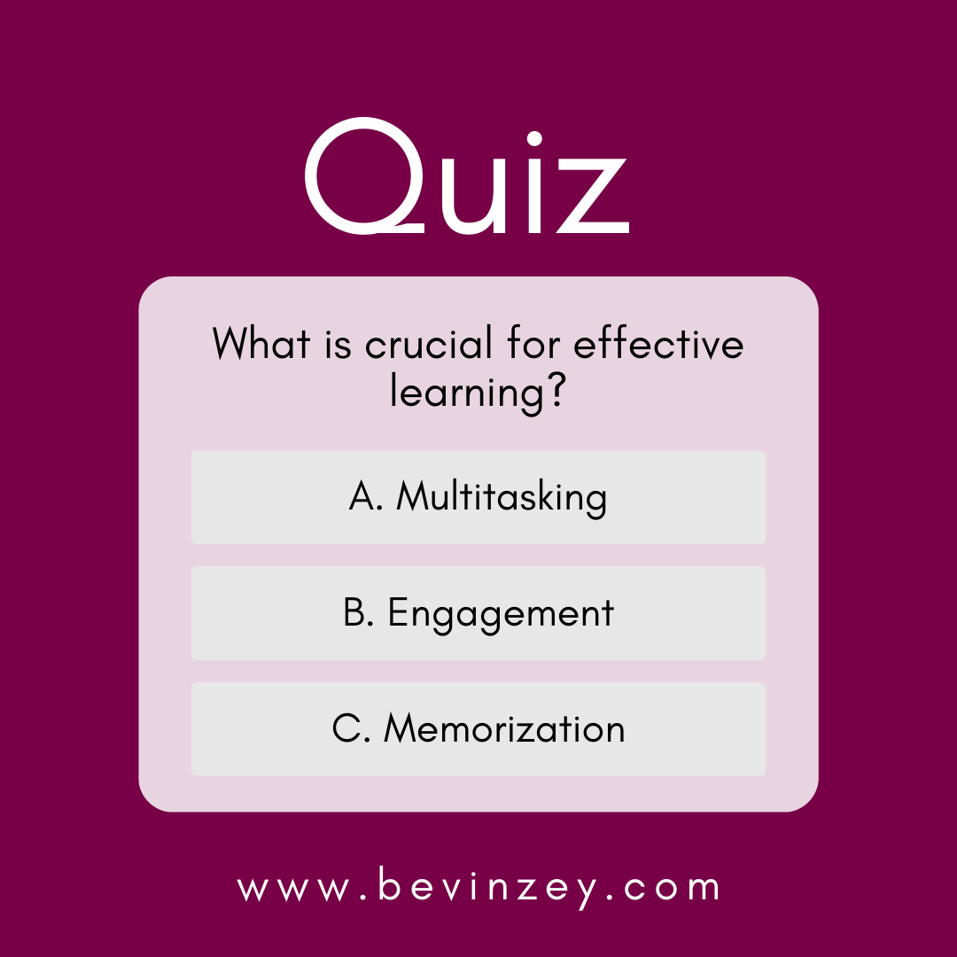bevinzey's tweet image. Quiz Time! 🎉 What is crucial for effective learning?
Is it multitasking, engagement, or memorization? 🤔
Tweet your answer and let&apos;s see who knows the secret to effective learning! ⬇️

#LearningQuiz #StudentSuccess #EducationTips #EffectiveLearning #BrainBoost
