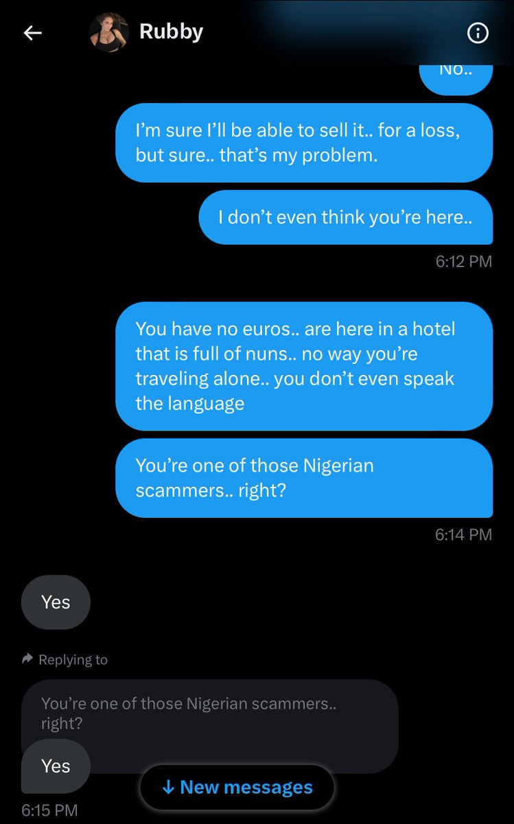 Rubby <a href="/rubbyreidox/">Rubby</a> who looks like the real Ruby Reid eventually confessed not really being in Rome after she tried to get me to buy iTunes cards. Stay safe, people! #scam #scammer