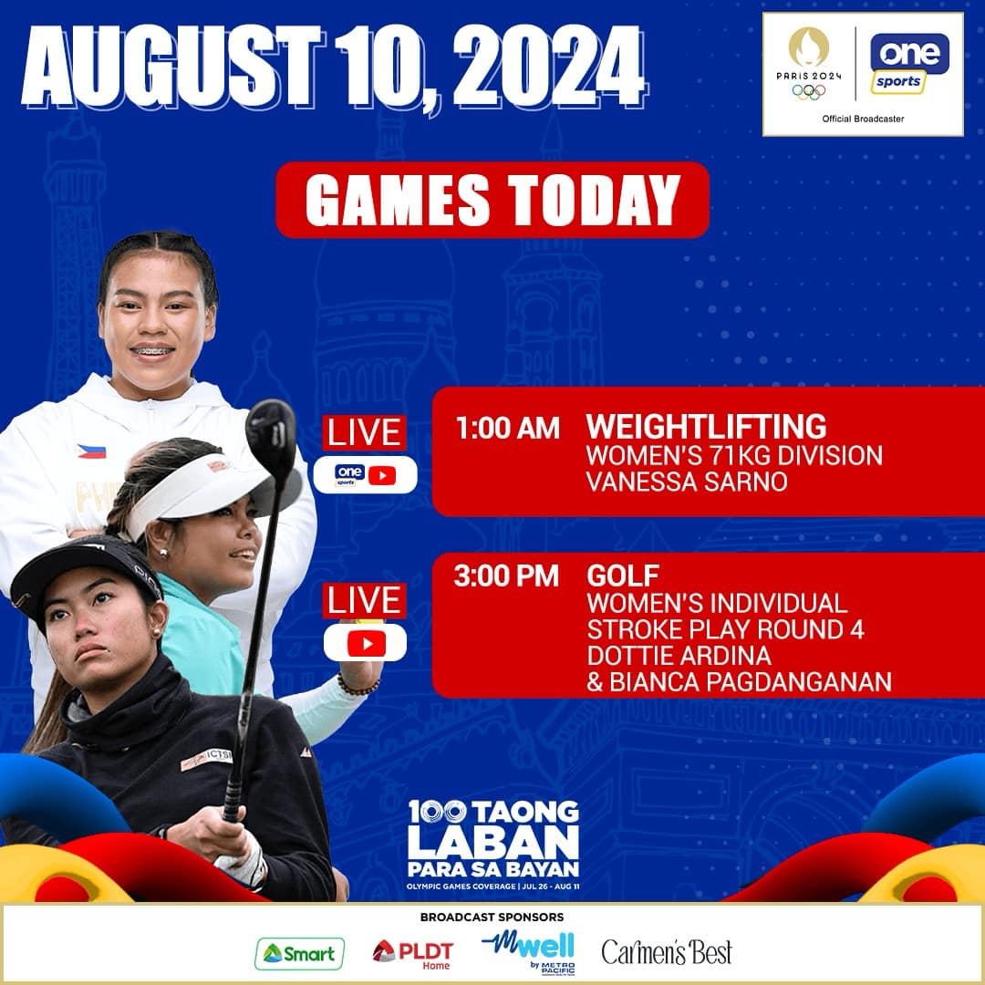 OneSportsPHL's tweet photo. PINAY POWER SATURDAY 🇵🇭

Witness Vanessa Sarno's weightlifting might at 1:30 a.m., and then don’t miss Dottie Ardina &amp; Bianca Pagdanganan as they cap off the Philippines' campaign with a final push in golf at 3:00 p.m. in #Paris2024.

#OlympicGames #100TaongLaban #ParaSaBayan https://t.co/WAHu2lydeN