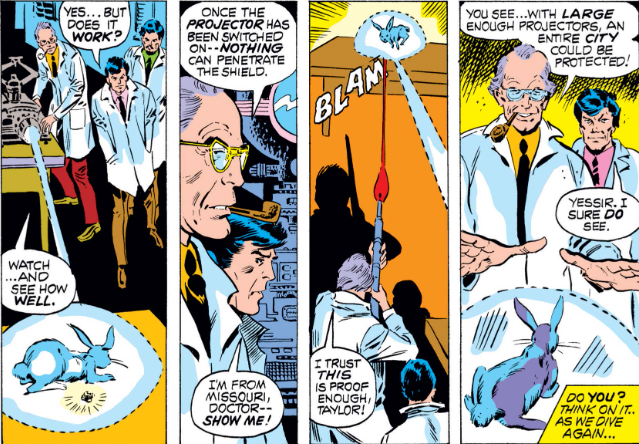 MarvelADay's tweet photo. #MarvelADay #SM66 Next we check in on Subplot Theater. Dr. Damon Walthers shows his force field projector to Taylor the Missourian who has suspiciously evil eyebrows. Answers to our questions (Who are they? What's this about? Who cuddles the bunnykins?) will have to wait. - crs https://t.co/VGwMWAvSO1