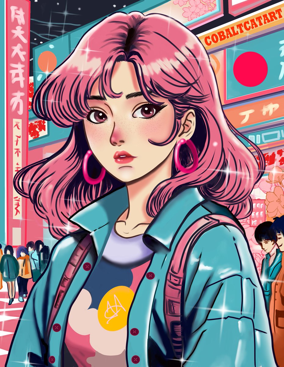 Just finished this piece inspired by the vibrant aesthetic of 80s &amp; 90s Japan 🇯🇵✨ Channeling the neon-lit streets, retro fashion, and anime feels! Hope you like it! 💕
#ArtMoots #CobaltCatArt #RetroArt #Anime