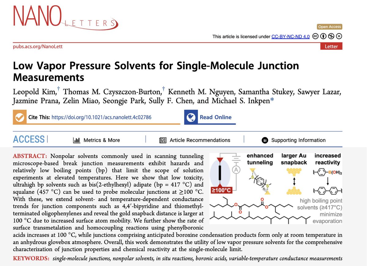 Mukund Sharma (@immsharma2) on Twitter photo Read about our latest paper which explores the utility of ultrahigh boiling point solvents for single-molecule conductance measurements. It's a complete group effort! Congratulations to all the authors!!👏Find the link attached ⬇️ <a href="/NanoLetters/">Nano Letters</a>
pubs.acs.org/doi/10.1021/ac… Read about our latest paper which explores the utility of ultrahigh boiling point solvents for single-molecule conductance measurements. It's a complete group effort! Congratulations to all the authors!!👏Find the link attached ⬇️ <a href="/NanoLetters/">Nano Letters</a>
pubs.acs.org/doi/10.1021/ac…