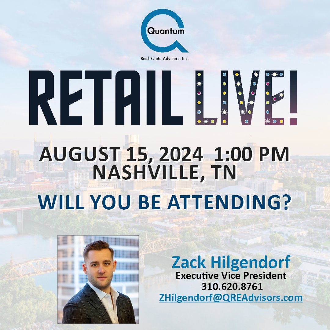 <a href="/ZackHilgendorf/">Zack Hilgendorf</a> will be attending the <a href="/RetailLive/">Retail Live!</a> conference in Nashville, TN on August 15th!

Let us know if you will be attending too!

#QREAdvisors #RetailLive! #Nashville #Conference #CRE #Leasing #InvestmentSales #Chicago #LosAngeles #Brokers #CommercialRealEstate