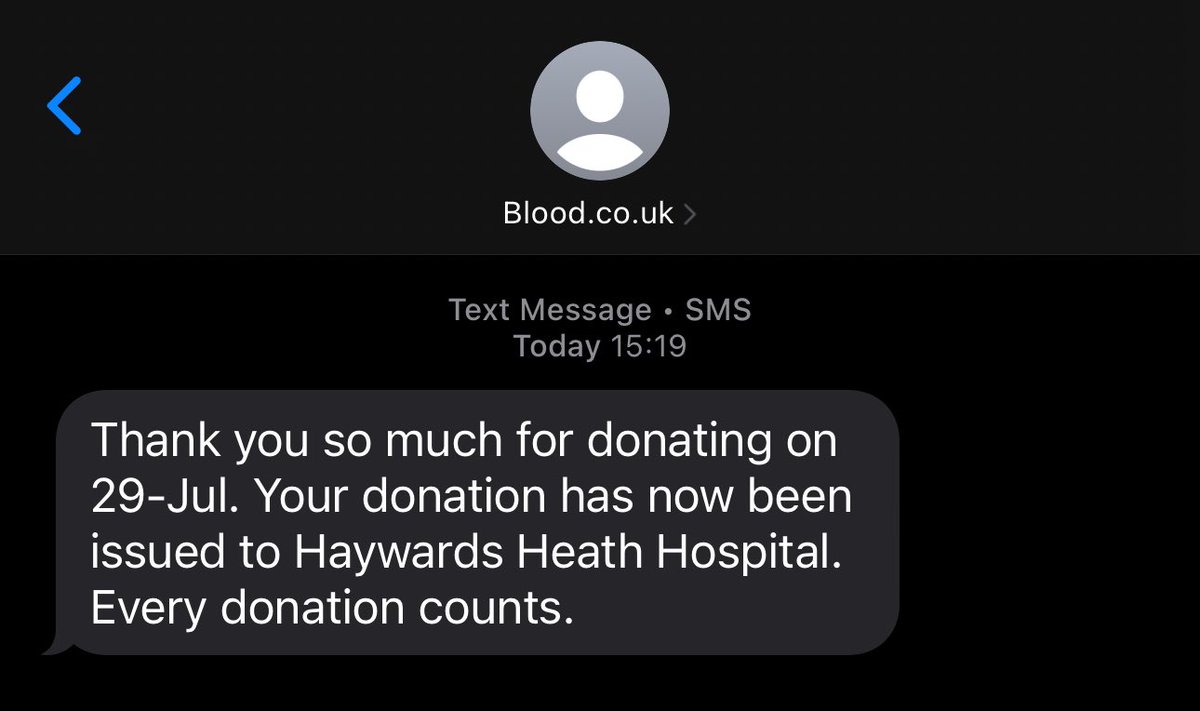 First ever donation of blood on 29th July. Text received today saying my donation has been issued to a hospital.

If you’ve never donated before, I highly recommend you sign up! It’s satisfying to know my donation may be helping someone in need! 💉🩸

<a href="/GiveBloodNHS/">NHS Blood Donation 🩸🩹</a> 
#GiveBlood