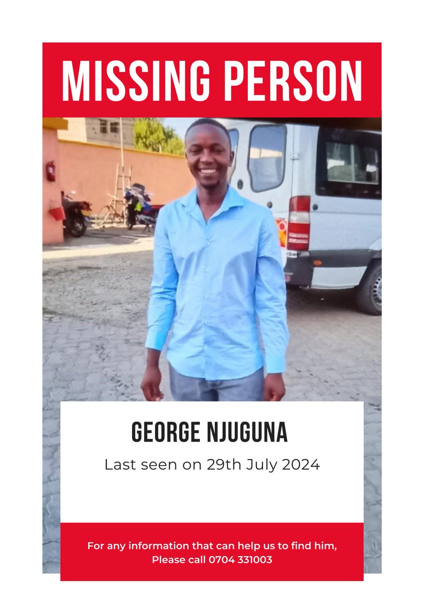 _James041's tweet photo. HAPPENING NOW: Dear Kenyans,

I am George Njuguna.

I have been missing since 29th July 2024

My family and friends have been trying to look for me,

But they can't locate me. Kindly help them find me. Help me unite with my family 🙏 https://t.co/QEgunfMefO