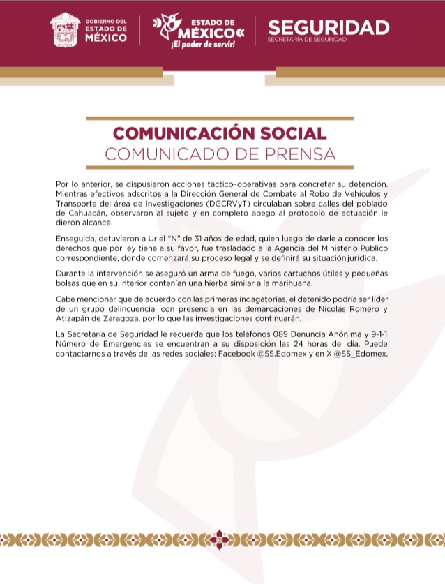 SS_Edomex's tweet photo. Tras trabajos de investigación realizados por la #SSEdoméx en coordinación con #CONAHO, Centro Nacional de Inteligencia #CNI, @CONASE_mx, @FiscaliaEdomex y de la Unidad de Análisis Táctico Operativo #UATO, se detuvo a un posible generador de violencia. https://t.co/nj4dCq7gOT