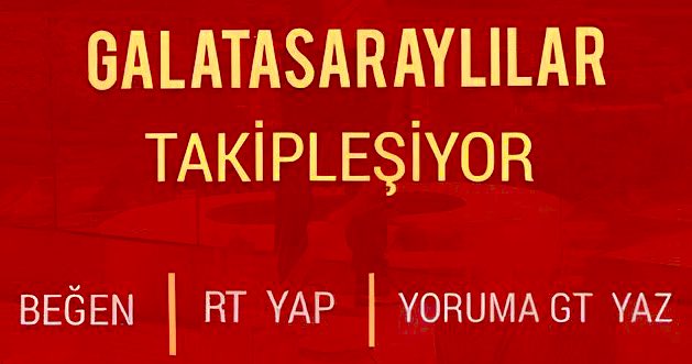 Hedef 10 bin takipçi.
10 bin takipçi altında kimse kalmasın...

Galatasaray taraftarı takipleşiyor. Küçük hesap kalmasın. Fav, ment rt atan Galatasaraylılar takibe takip yapsın..
