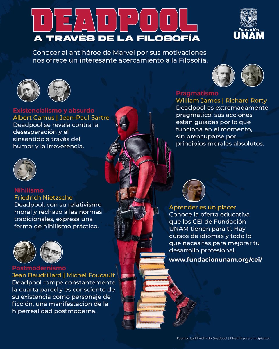 Fundacion_UNAM's tweet photo. ¿Qué tiene que ver Deadpool, el irreverente personaje de Marvel, con la filosofía? 🤔😳 Conoce un enfoque diferente sobre este antihéroe.👇🏻🦸‍♂️ #LoMásLeído https://t.co/RuHdyqwM4a
