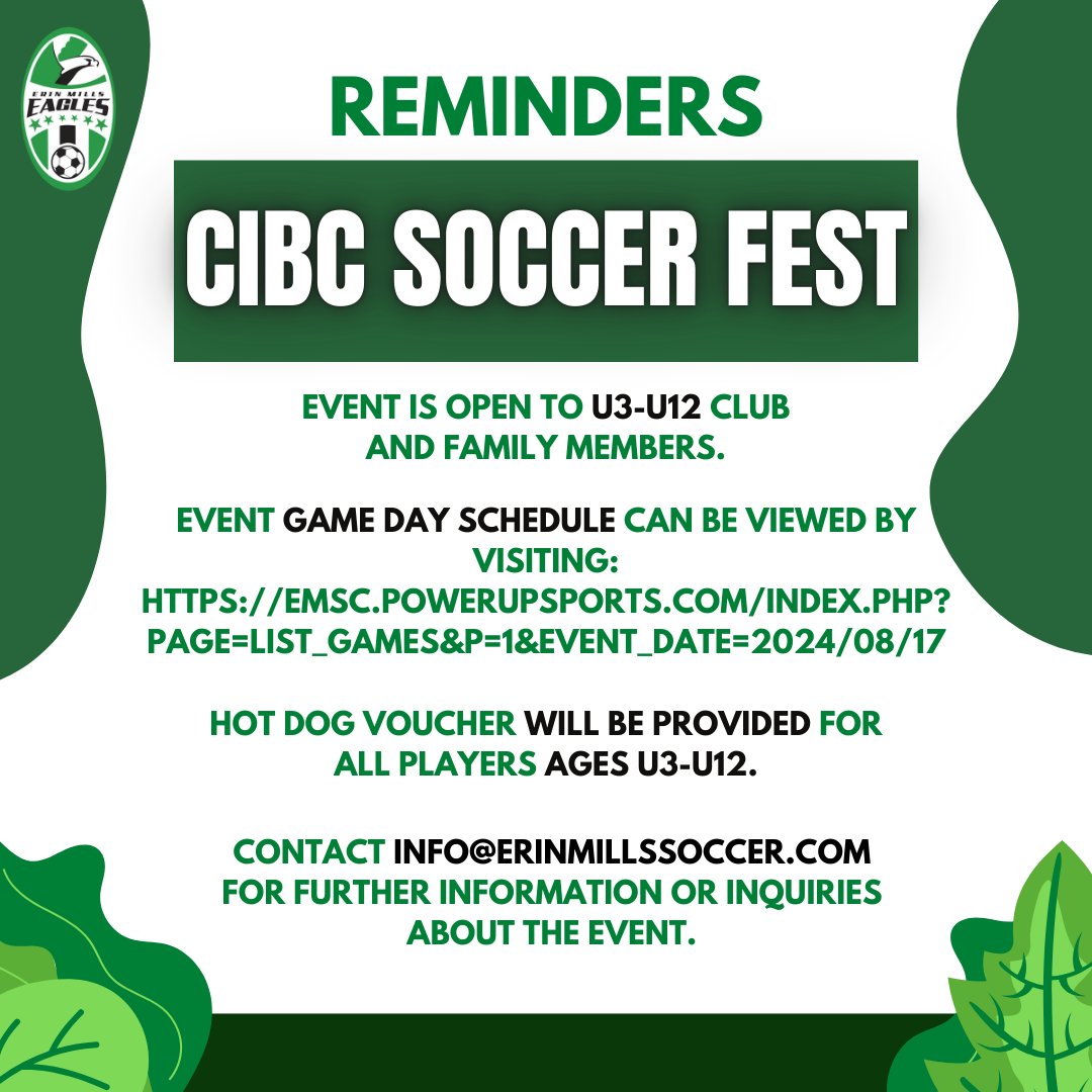 EMSCEagles's tweet photo. Everything you need to know ahead of our annual CIBC Soccer Fest, EMSC's end-of-year club summer event on Saturday, August 17th at Marco Muzzo Senior Park, Mississauga ON.

#erinmillssoccerclub | #emsc | #cibcsoccerfest | #emsccommunity https://t.co/fUXRzg8xN4