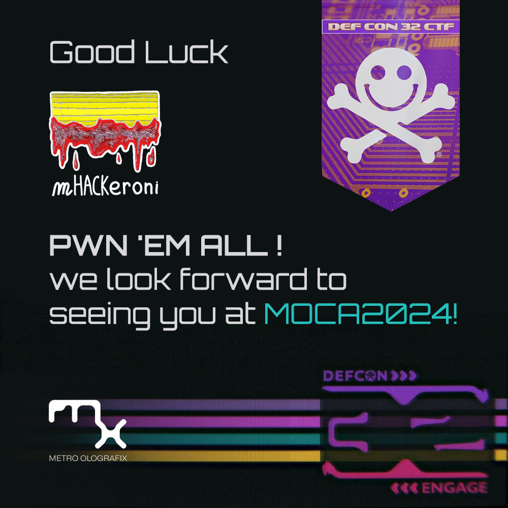 Metro Olografix (@metroolografix) on Twitter photo Buona fortuna <a href="/mhackeroni/">mhackeroni</a> per la #CTF del <a href="/defcon/">DEF CON</a> che sta per cominciare!! 🍀
Vi aspettiamo al #MOCA2024!
--
Good Luck #mHACKeroni for the CTF of the #DEFCON32 about to begin!! 🍀
We look forward to seeing you at MOCA2024!
#DEFCON #defconctf #defcon32ctf #hacking #hackercamp Buona fortuna <a href="/mhackeroni/">mhackeroni</a> per la #CTF del <a href="/defcon/">DEF CON</a> che sta per cominciare!! 🍀
Vi aspettiamo al #MOCA2024!
--
Good Luck #mHACKeroni for the CTF of the #DEFCON32 about to begin!! 🍀
We look forward to seeing you at MOCA2024!
#DEFCON #defconctf #defcon32ctf #hacking #hackercamp