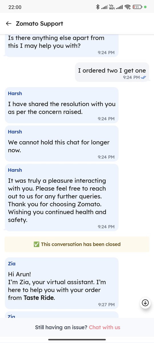 arunkumar362's tweet photo. @zomato @zomatocare 
These days zomato is synonymous to fraud. U order something and you get something else and their chat support is so rude that they don't even wait for ur reply and disconnect. 
They are there just to take away your money and walk away from any responsibility. https://t.co/63vHc5Sct2