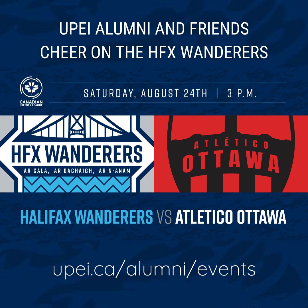 UPEIAlumni's tweet photo. UPEI Alumni cheer on the HFX Wanderers
Sat, Aug 24, Halifax, NS

Alumni and Friends are invited to take in a CPL match as the HFX Wanderers host Atlético Ottawa.

Please purchase your tickets by August 14 to secure your spot!

https://t.co/A9turNhecr https://t.co/IcjNMLabY3