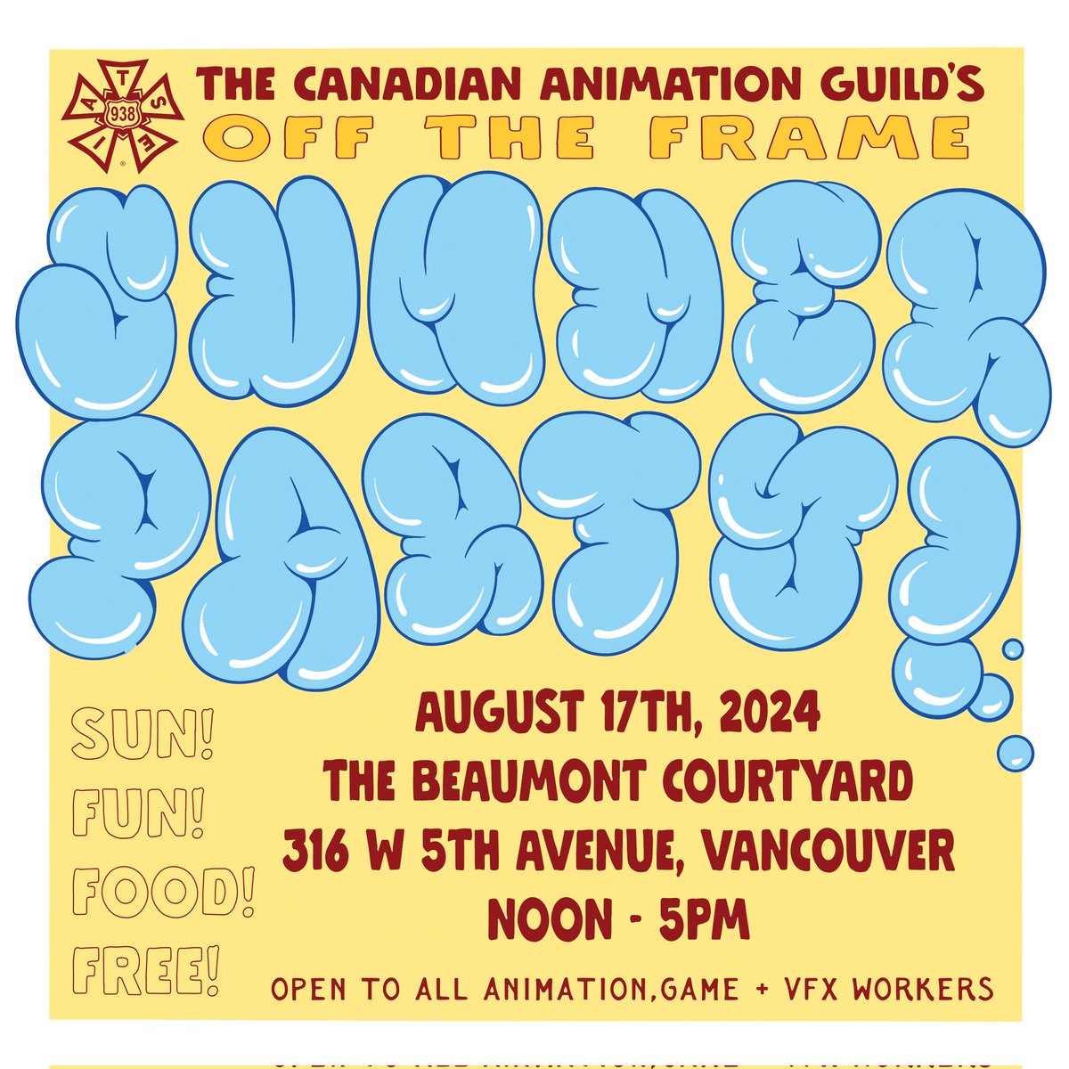 CAG wants to celebrate workers this summer!

Sat. August 17, we're hosting an open party at The Beaumont! There will be food, drinks, activities, and fun times!

This free event is open to all workers in animation, games, and VFX.

 Stop on by and bring your friends! 🌞