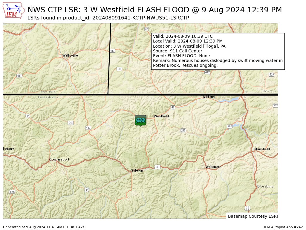 DL_NERV's tweet photo. At 12:39 PM EDT, 3 W Westfield [Tioga Co, PA] 911 Call Center reports Flash Flood. Numerous houses dislodged by swift moving water in Potter Brook. Rescues ongoing. #pawx https://t.co/JQ0Wsuo41n https://t.co/I22piYzYl6