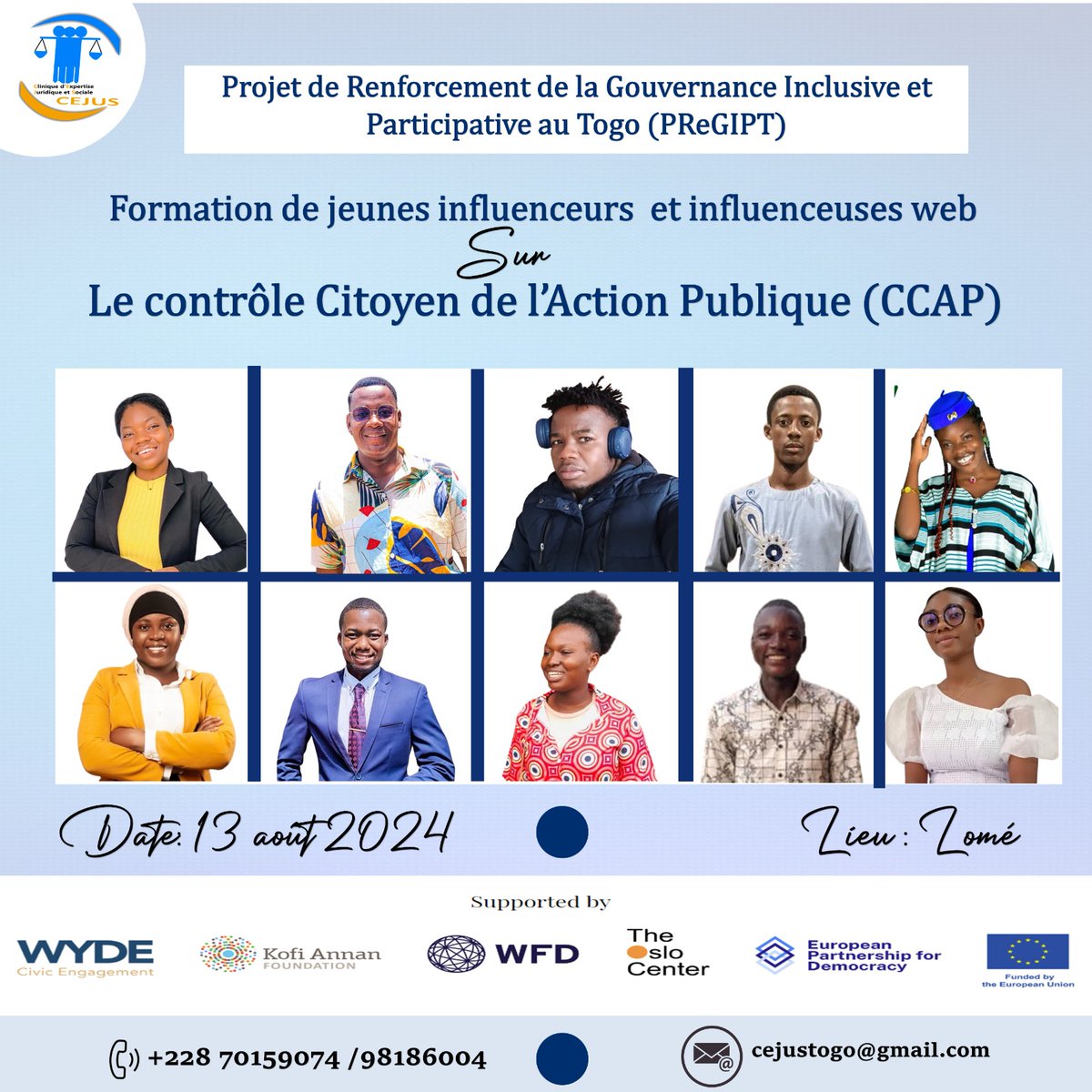 cejustogo_cejus's tweet photo. Projet de Renforcement de la Gouvernance Inclusive et Participative au Togo (PReGIPT) , avec l'appui financier de la @KofiAnnanFdn à travers son programme #wyde 
🎓

#cejus #wyde #PReGIPT #CCAP #Gouvernance #JeunesseTogolaise #InfluenceursTogo #ParticipationCitoyenne https://t.co/Di1OI4vtaJ