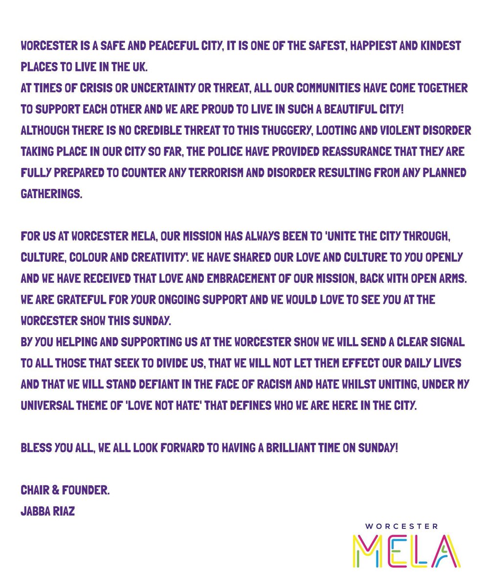 The Show must go on! Please see our statement from our Chair @JabbaRiaz #StandUpToRacism #lovenothate