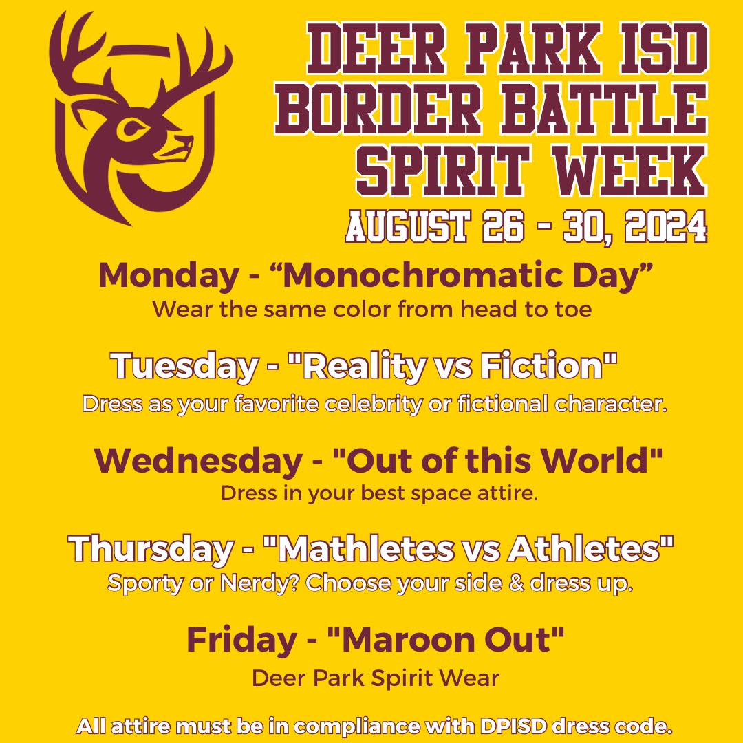 DPISD's tweet photo. DPISD Spirit Week themes for Border Battle Week &amp; Homecoming Week! https://t.co/mSHTLA6vrZ