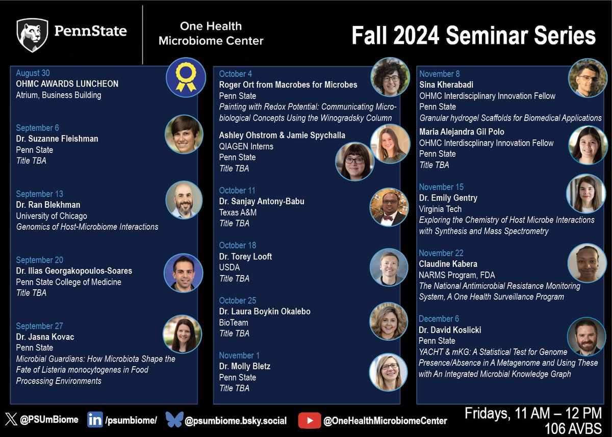 One Health Microbiome Center (@psumbiome) on Twitter photo 📢We are pumped to announce the speakers for this Fall's One Health Microbiome Center Seminar Series!
Beginning on August 30th, join us every Friday at 11 AM EST to hear inspiring microbiome-focused talks across diverse subject areas. 🦠🔬⚕️🍄🧪🧫
<a href="/huckinstitutes/">Huck Institutes</a> <a href="/PSUresearch/">Penn State Research</a> 📢We are pumped to announce the speakers for this Fall's One Health Microbiome Center Seminar Series!
Beginning on August 30th, join us every Friday at 11 AM EST to hear inspiring microbiome-focused talks across diverse subject areas. 🦠🔬⚕️🍄🧪🧫
<a href="/huckinstitutes/">Huck Institutes</a> <a href="/PSUresearch/">Penn State Research</a>