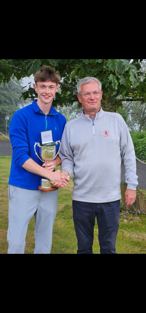 Sam Shannon from Craigmillar Park Golf Club being presented with the leading qualifier trophy in the Lothians Boys Amateur Championship 2024 by President Neil Anderson ⛳️
