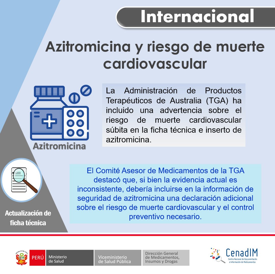 CENADIM's tweet image. 🔷📣 𝐍𝐎𝐓𝐈𝐂𝐈𝐀𝐒 𝐃𝐄 𝐈𝐍𝐓𝐄𝐑É𝐒
📌️#𝐀𝐳𝐢𝐭𝐫𝐨𝐦𝐢𝐜𝐢𝐧𝐚 𝐲 𝐫𝐢𝐞𝐬𝐠𝐨 𝐝𝐞 𝐦𝐮𝐞𝐫𝐭𝐞 𝐜𝐚𝐫𝐝𝐢𝐨𝐯𝐚𝐬𝐜𝐮𝐥𝐚𝐫.

#eReporting #ReaccionAdversa #Farmacovigilancia

bvcenadim.digemid.minsa.gob.pe/index.php/noti…