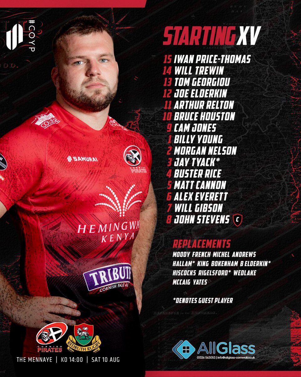 𝗧𝗘𝗔𝗠 𝗡𝗘𝗪𝗦 🏴‍☠️ 

Our extended squad for a first pre season outing.

🆚 Redruth RFC 
🏆 Pre Season Friendly
🗓 Sat 10 Aug 
📍 The Mennaye
⏰ 2:00pm
🎟️ All adult tickets £10 online or at the gate 
🤝🏻 <a href="/allglasscorn/">AllGlass Cornwall</a> 

cornish-pirates.com/match-previews…

#COYP