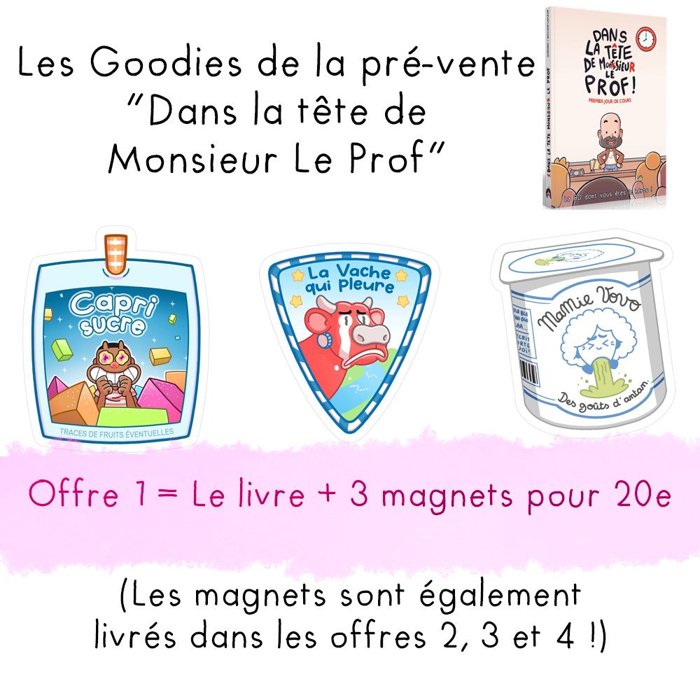 Je l'ai pas annoncé ici, mais début septembre sortira "Dans la tête de Monsieur LE Prof", une BD dont vous êtes le héros où vous n'aurez qu'un seul objectif : SURVIVRE le jour de la rentrée.

Pré-ventes en cours. Offre 1 : 1 livre + 3 magnets = 20€
➡️
gameontabletop.com/cf4021/dans-la…