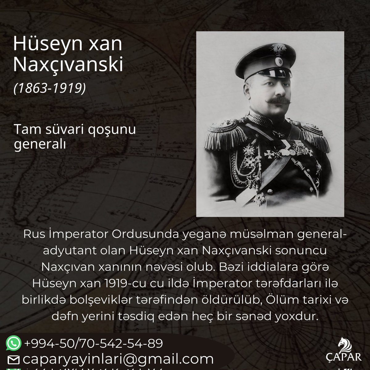 RgisiD's tweet photo. Hüseyn xan Naxçıvanski (1863-1919)
Çar Rusiyası ordusunda tam süvari qoşunu generalı

Rus İmperator Ordusunda yeganə müsəlman general-adyutant olan Hüseyn xan Naxçıvanski sonuncu Naxçıvan xanının nəvəsi olub. https://t.co/cvxwlVUrRo